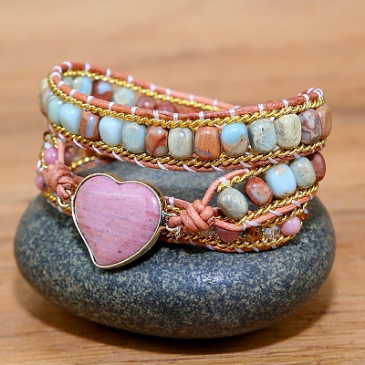 Bohemia Style Heart Natural Rhodochrosite & Shoushan Beads Multi-strand Bracelets FS-WGBC1C4-01-1