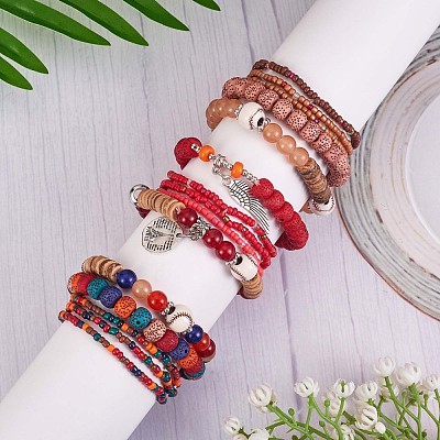 5Pcs 5 Style Wood & Glass Seed & Acrylic Beaded Stretch Bracelets Set with Baseball JB709E-1