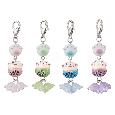 4Pcs Maneki Neko Handmade Porcelain Beads Pendant Decorations HJEW-JM04252-1