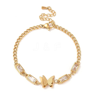 Cubic Zirconia Rectangle & Butterfly Link Bracelet BJEW-D025-04G-02-1