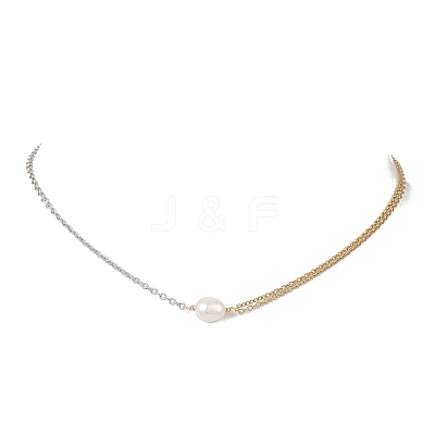 Natural Cultured Freshwater Pearl Rice Pendant 304 Stainless Steel Cable Chain Double Layer Necklaces NJEW-JN05682-1