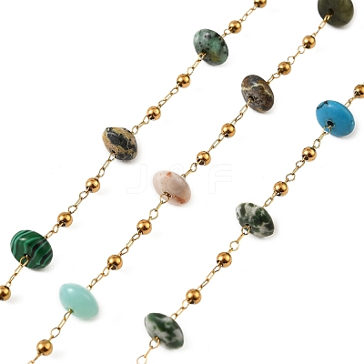 Handmade 304 Stainless Steel & Natural Mixed Gemstone Beaded Link Chains SA-CBAF245-02G-1