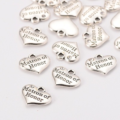 Wedding Theme Antique Silver Tone Tibetan Style Heart with Matron of Honor Rhinestone Charms X-TIBEP-N005-03A-1