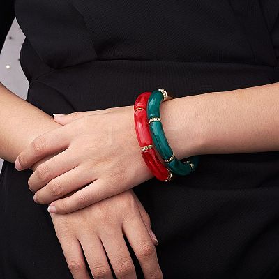 5Pcs 5 Colors Acrylic Curved Tube Stretch Bracelets Set BJEW-SW00069-1