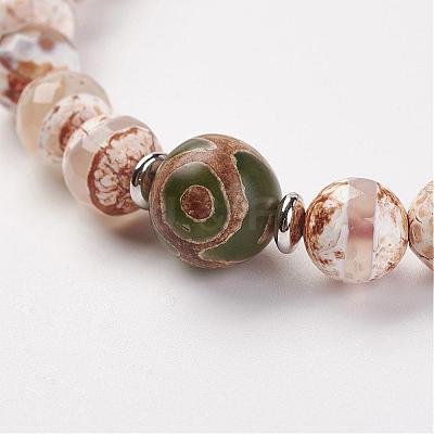 Natural Tibetan Style dZi Agate Bead Stretch Bracelets BJEW-JB03098-02-1