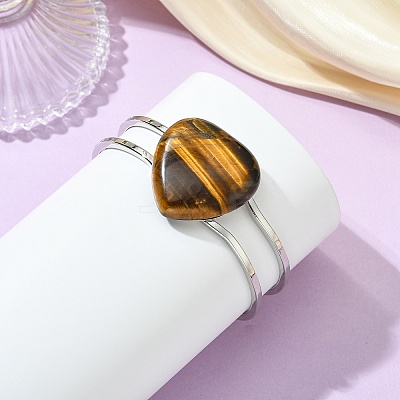 Natural Mixed Gemstone Heart Brass Hinged Cuff Bangles BJEW-JB14316-1