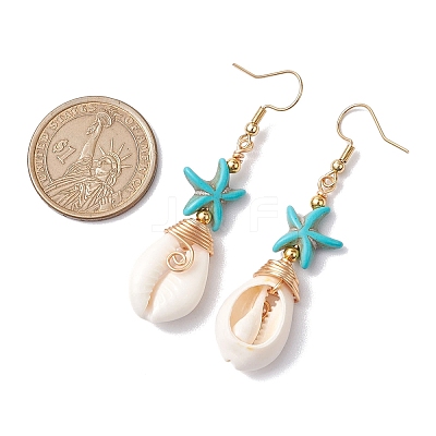 Starfish Brass with Synthetic Turquoise & Cowrie Shell Dangle Earrings EJEW-JE06141-01-1