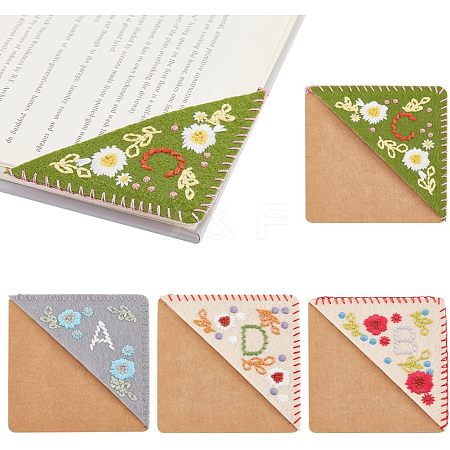 Olycraft 4Pcs 4 Style Felt & Kraft Paper Embroidery Corner Bookmarks FIND-OC0002-34-1