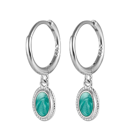 Anti-Tarnish Rhodium Plated 925 Sterling Siliver Enamel Oval Dangle Hoop Earrings QO5135-2-1