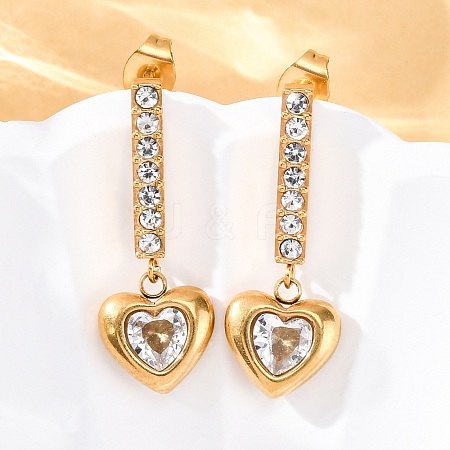 304 Stainless Steel Rhinestone Heart Dangle Stud Earrings EJEW-Q386-03G-1