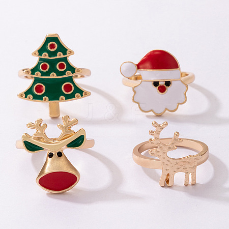 Christmas Theme Santa Claus & Christmas Tree & Deer Alloy Enamel Finger Rings Sets FS-WGAB09C-01-1