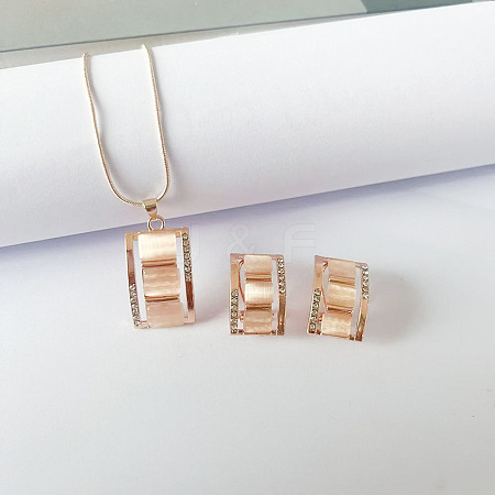 Rectangle Alloy & Cat Eye & Crystal Rhinestone Pendant Necklace & Stud Earring Sets FS-WG998B2-01-1