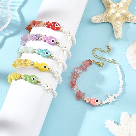 Summer Beach Handmade Porcelain Fish & Gemstone Chip Seed Beads Beaded Bracelets for Women BJEW-JB14440-1