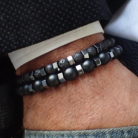 2Pcs 2 Style 8mm Round Natural Lava Rock & Frosted Black Agate Stretch Bracelets Set TH1702-1-1