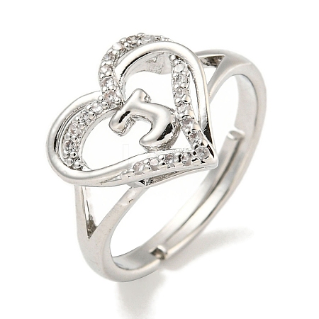 Heart with Letter Rack Plating Brass Micro Pave Clear Cubic Zirconia Adjustable Rings for Women RJEW-I105-01P-J-1