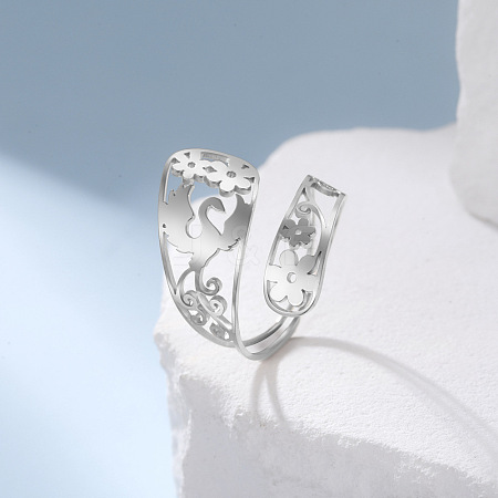 304 Stainless Steel Flower & Phoenix Cuff Open Rings WG0AE90-01-1