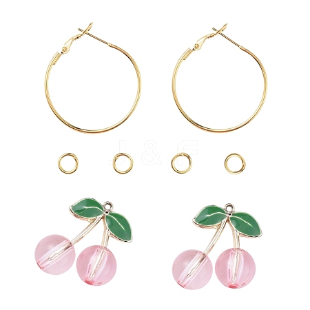  Jewelry Beads Findings DIY Earring Making, with Glass Cherry Pendants, Golden Plated Alloy Findings, Brass Hoop Earrings and Jump Rings, Pink, Hoop Earring Findings: 30x1.2mm, Pendant: 26.5x23x12mm