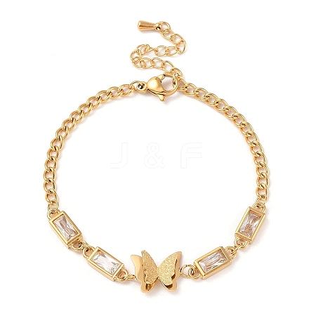 Cubic Zirconia Rectangle & Butterfly Link Bracelet BJEW-D025-04G-02-1
