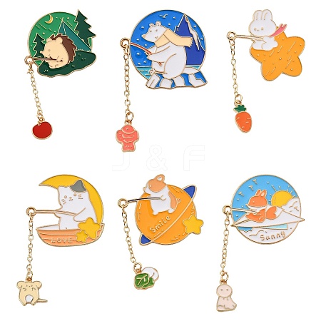 6Pcs 6 Styles Zinc Alloy Enamel Animal Fishing Pins JEWB-CJ0001-56-1