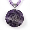 Natural Amethyst 4.5mm Round Beaded Flower Pendant Necklaces NJEW-T016-04M-4