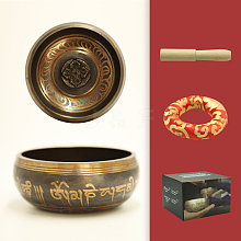 Tibetan Brass Singing Bowl & Wood Striker & Random Color Cloth Mat Set RELI-PW0004-02E-03