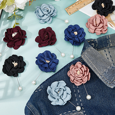 10Pcs 5 Colors Flower Polyester Brooches JEWB-FH0002-46-1