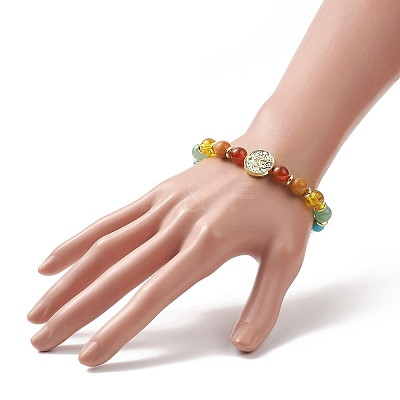 Dyed Natural & Synthetic Mixed Gemstone & Brass Virgin Mary Beaded Stretch Bracelet BJEW-JB09321-1