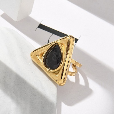 Triangle 304 Stainless Steel Rhinestone Open Cuff Rings for Women RJEW-M048-03P-1