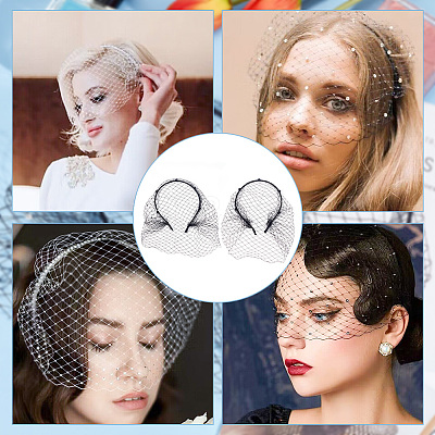 2Pcs 2 Styles Bridal Pearl Mesh Veil Cloth Hair Bands MRMJ-FG0001-16B-1