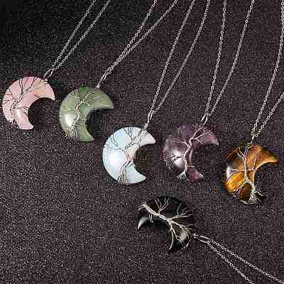 6Pcs 6 Style Natural & Synthetic Gemstone Tree of Life Wire Wrapped Pendants G-SZ0001-66-1