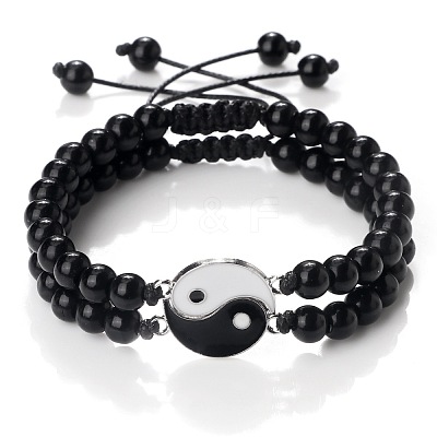 Black and White Yin Yang Non-Magnetic Synthetic Hematite Braided Bracelets NA9786-2-1