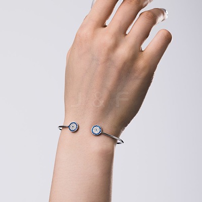 Evil Eye Rhodium Plated 925 Sterling Silver Micro Pave Cubic Zirconia Cuff Bangles for Women BJEW-C062-06P-1