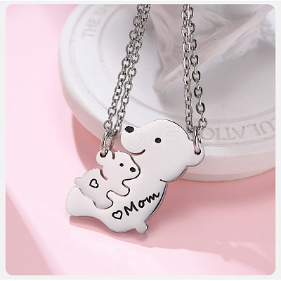 201 Stainless Steel Black Enamel Baby Bear Mother Bear Split Pendant Necklaces for Mother's Day WG98DEA-03-1