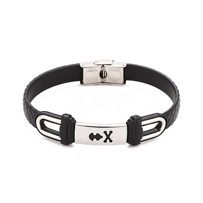 201 Stainless Steel Rectangle Link Bracelet with PU Leather Cord for Men Women BJEW-G649-07P-03-1
