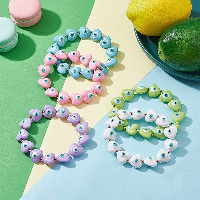 Resin Heart with Evil Eye Beaded Stretch Bracelets BJEW-JB09460-1