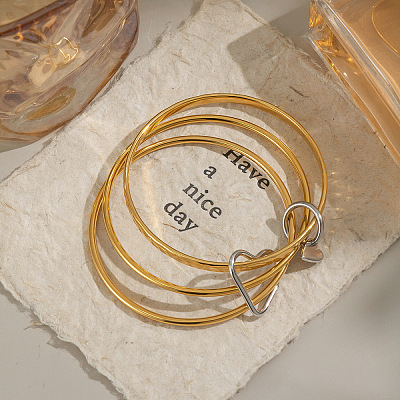 304 Stainless Steel Textured 3-Strand Bangle Sets with Heart Links QJ5292-1