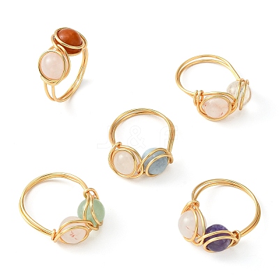 5Pcs 5 Style Natural Mixed Gemstone Round Finger Rings Set RJEW-JR00590-01-1