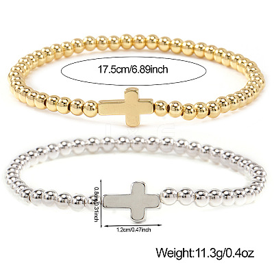 2Pcs Brass & 304 Stainless Steel Beads Stretch Bracelets Set EI7625-2-1