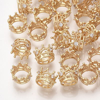 Brass with Clear Cubic Zirconia Crown European Beads KK-T035-122-G-1