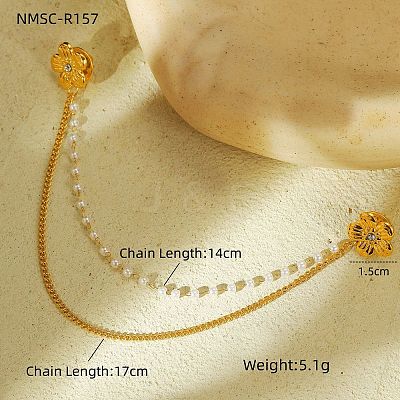 304 Stainless Steel Pave Clear Cubic Zirconia & ABS Pearl Flower Hanging Chain Brooch JEWB-S021-05G-1
