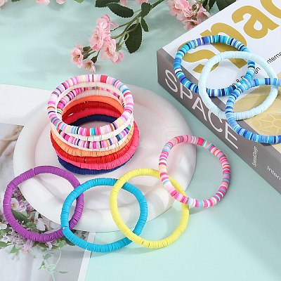 15Pcs Handmade Polymer Clay Beads Stretch Bracelets for Women BJEW-SW001597-1