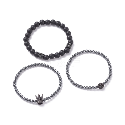 3Pcs 3 Style Round Synthetic Black Stone & Hematite Beaded Stretch Bracelets Set BJEW-JB07688-02-1