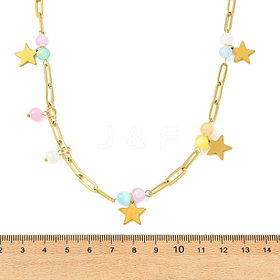 304 Stainless Steel Paperclip Chain Star Pendant Necklaces with Dyed Natural Selenite Beads for Women NJEW-JN06251-03-1