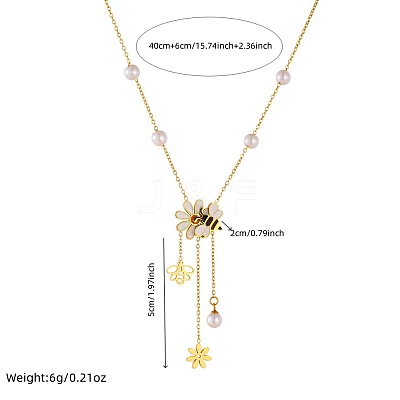 304 Stainless Steel White and Yellow Enamel with Plastic Pearl Bee Flower Tassel Pendant Necklaces for Women FS-WGCFE06-01-1