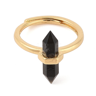 Double Pointed Hexagonal Prism Natural Obsidian Adjustable Rings for Women RJEW-G327-01G-06-1