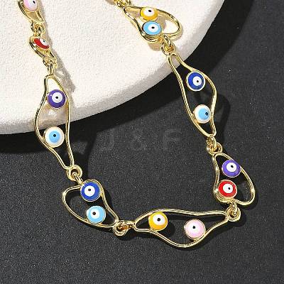 Brass Enamel Flat Round Evil Eye Link Chain Bracelets for Women BJEW-G764-01G-02-1
