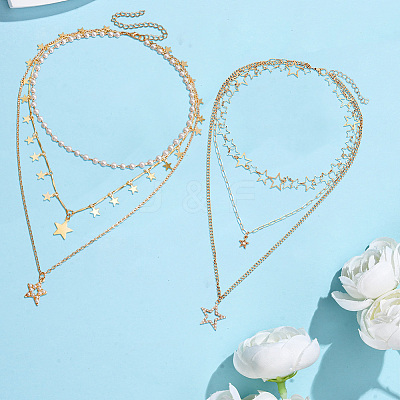 2Pcs 2 Styles Star Alloy Pendant 3 Layered Necklaces for Women NJEW-SC0001-55-1
