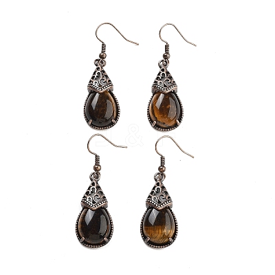 Natural Tiger Eye Teardrop Dangle Earrings EJEW-B055-01R-24-1