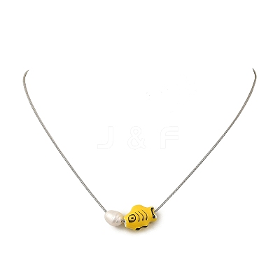 Handmade Porcelain Fish & Natural Cultured Freshwater Pearl Pendant 304 Stainless Steel Round Snake Chain Necklaces for Women NJEW-JN06398-1