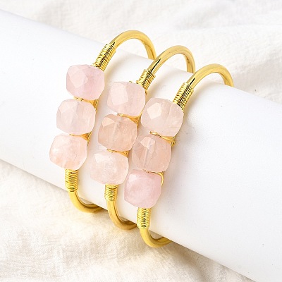 Natural Rose Quartz Beads Cuff Bangles for Women BJEW-Q035-01G-02-1